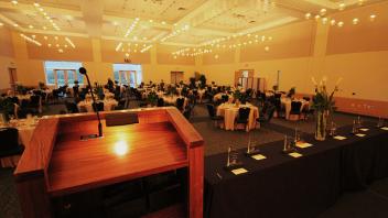 Ballroom dinner with presentation setup